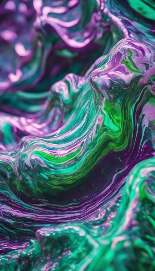 具有迷幻風格的霓虹大理石圖案，呈現出充滿活力的綠色和紫色波浪。