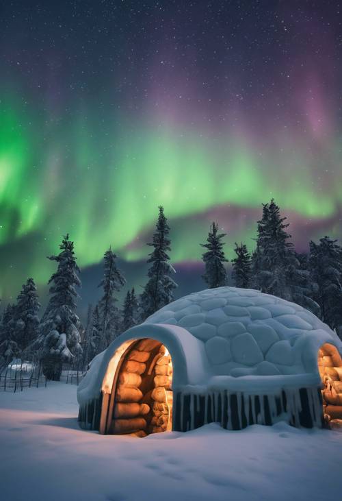 迷人的北极光照亮了白雪覆盖的冰屋村庄的新年前夜天空。