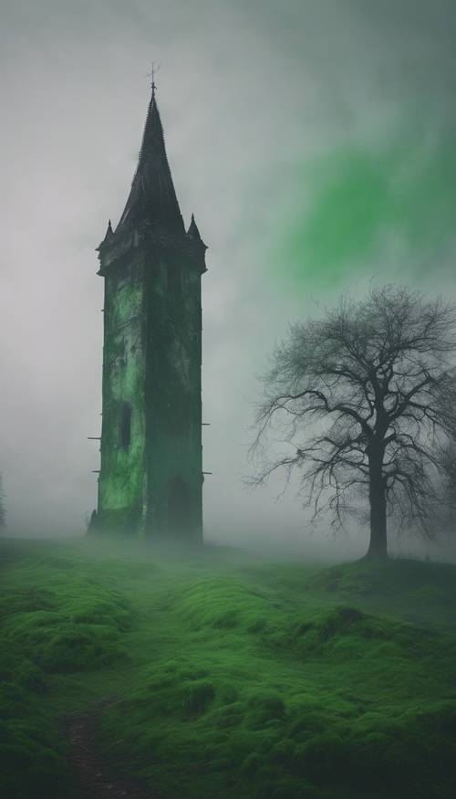 Nebbia verde che vortica attorno a una torre gotica solitaria in un paesaggio oscuro e dimenticato