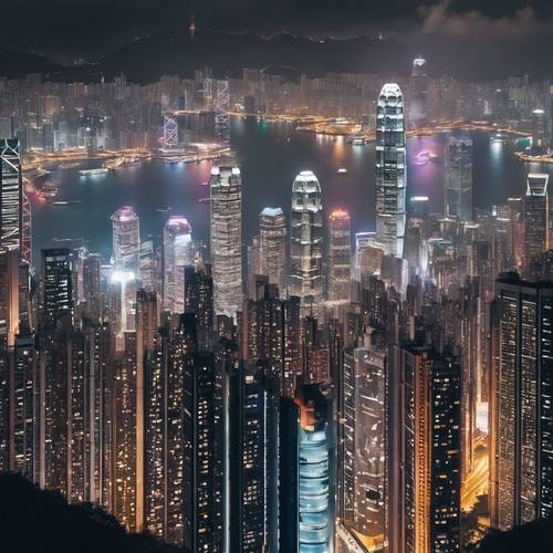 The breathtaking skyline of Hong Kong with a flurry of dazzling lights reflected in the water.