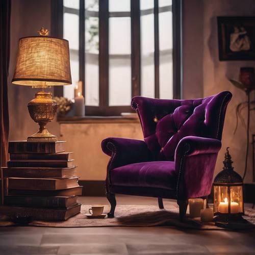 Un antiguo sillón de terciopelo morado oscuro en un acogedor rincón de lectura a la luz de las velas.