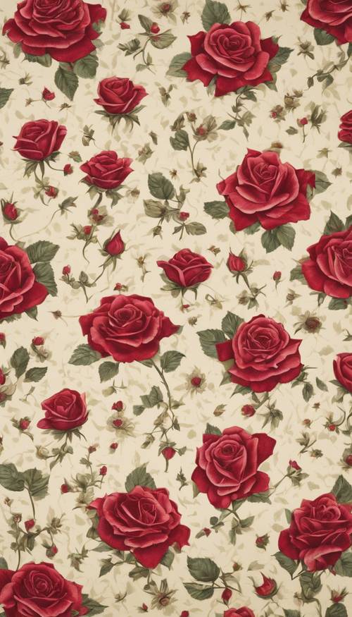 Un papier peint floral vintage avec un motif répétitif de roses rouges et de marguerites sur fond crème.