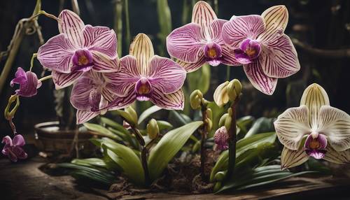 Uma ilustração botânica vitoriana apresentando uma variedade de orquídeas raras e exóticas.