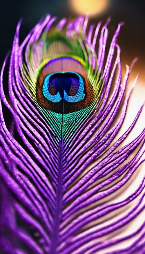 Una vibrante piuma di pavone viola sotto una luce soffusa.