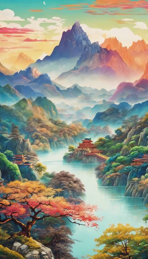 Sebuah mural Cina berwarna-warni yang menunjukkan pemandangan tenang dengan pegunungan dan sungai.