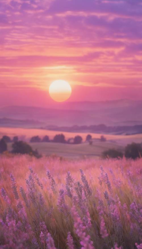 Matahari terbenam yang indah dengan guratan garis-garis merah muda pastel, oranye, dan lavender melintasi langit.