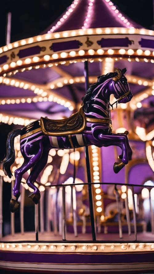 A vintage black and purple striped carousel at an old-fashioned amusement park.