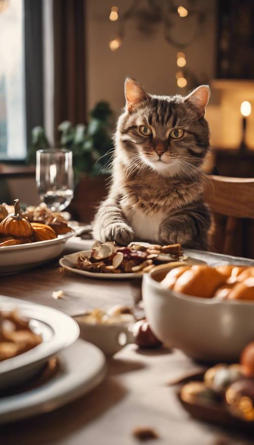 Uma mesa de jantar iluminada e aconchegante com uma refeição tradicional de Ação de Graças e um gato pequeno e fofo espiando por baixo da mesa.