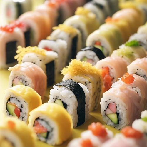 Gulungan sushi kawaii terbuat dari nasi kuning pastel yang disajikan dengan sumpit.