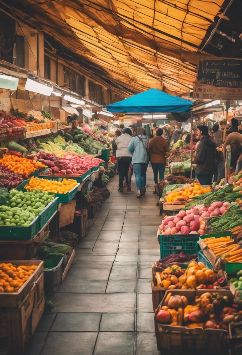 A vibrant public market filled with stalls laden with abundant, colorful produce. Wallpaper[bfef4db1e5c64587b250]