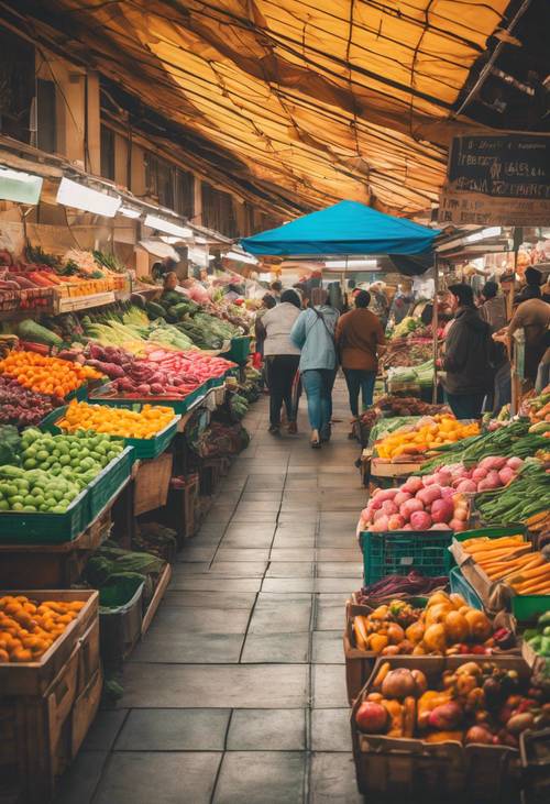 A vibrant public market filled with stalls laden with abundant, colorful produce.