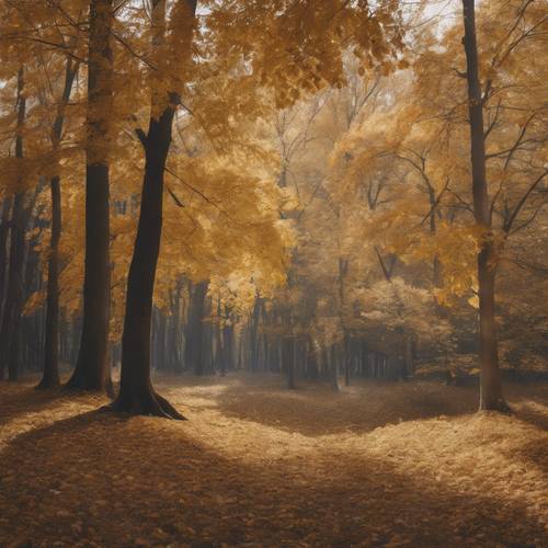 A peaceful scene of fall in a forest with golden leaves covering the gray trees.