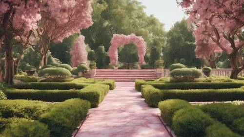 Uma passarela de mármore rosa em um parque verdejante.