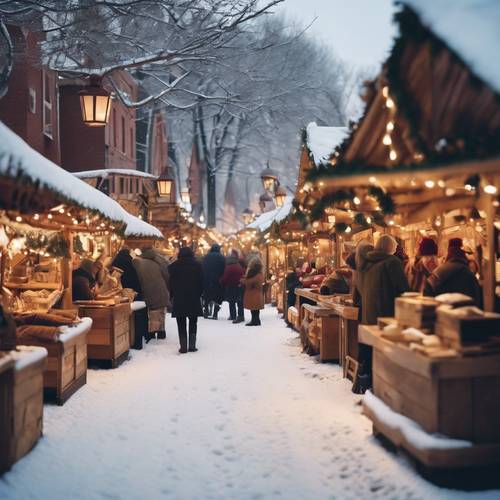 手作りクリスマス市場の壁紙　雪で飾られた木製ブース、温かいワイン、焼き栗が売られている様子