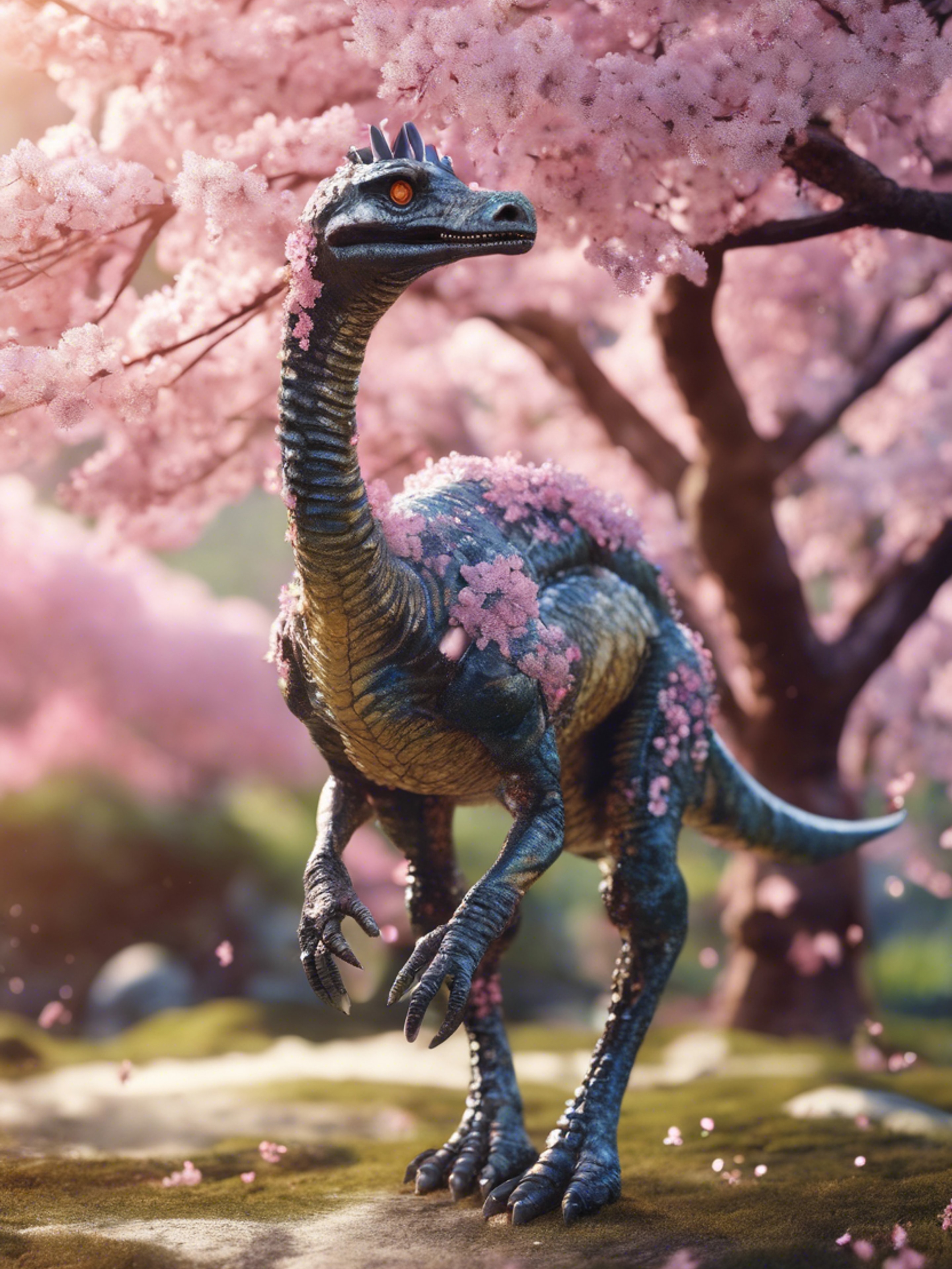 A shimmering Therizinosaurus decorated with cherry blossoms in a lovely spring landscape. Wallpaper[b417d7cd54d941f2a275]
