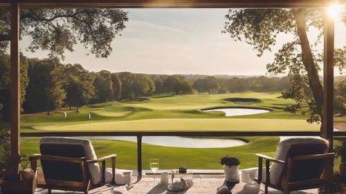 Uma vista matinal elegante com vista para um campo de golfe exuberante.