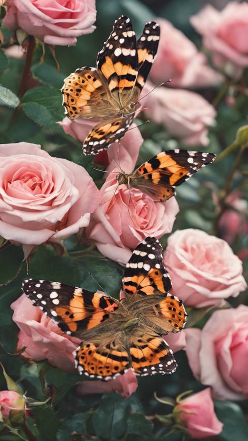 Sekelompok kupu-kupu wanita yang dicat sedang menyeruput nektar dari seikat mawar merah muda yang indah.