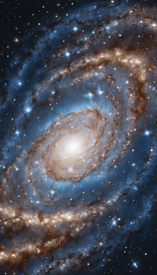 Galaksi spiral yang berputar-putar dengan bintang biru superior, dikelilingi cahaya putih terang.