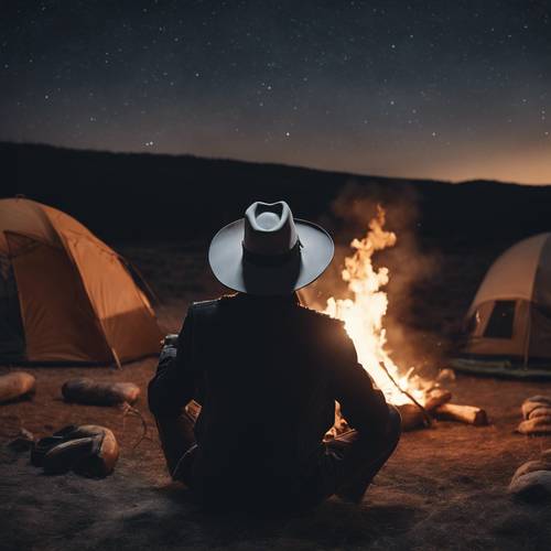 Um cowboy sentado ao redor de uma fogueira, com seu chapéu preto solto revelando cabelos brancos por baixo, compartilhando histórias sob o céu noturno.