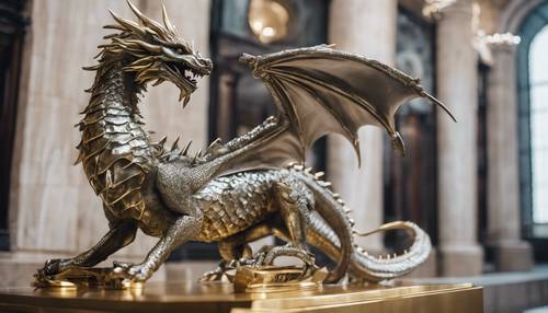 Una estatua de dragón metálico plateado y dorado en un museo.