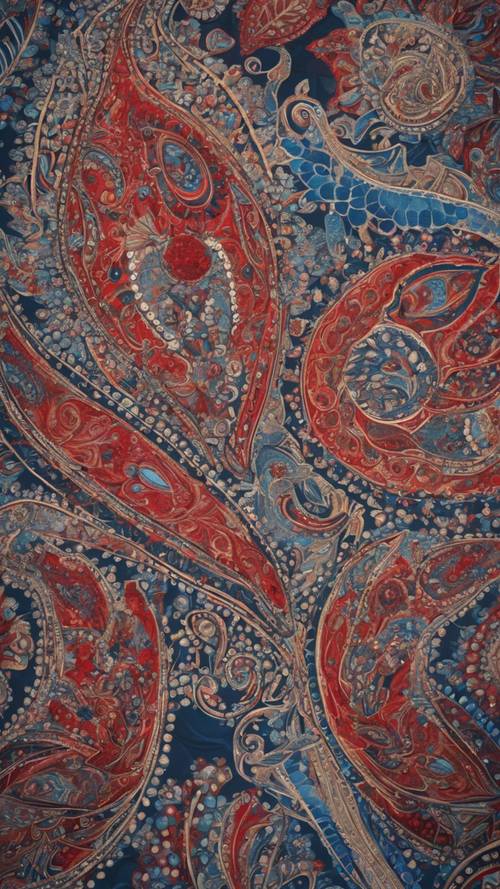 Un intricato motivo paisley rosso e blu su tutta la tela.