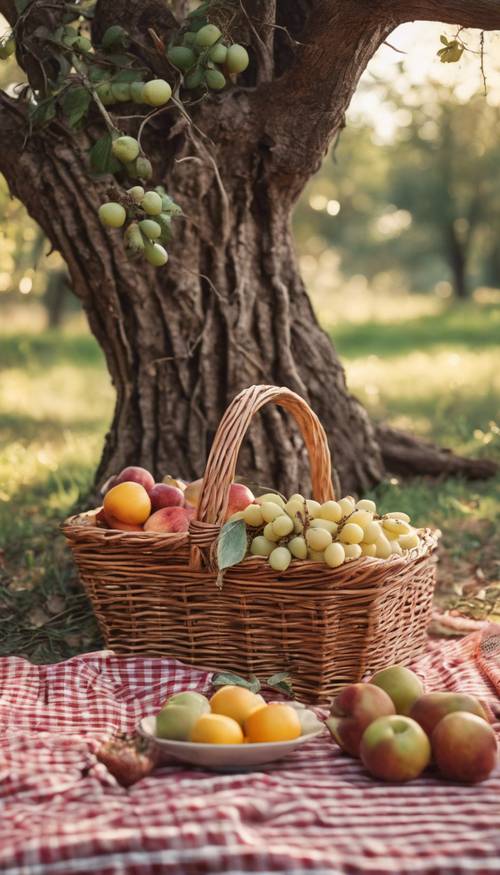 A charming vintage country picnic setup with a wicker basket, ripe fruits, and a checkered tablecloth under an old oak tree. Tapet [d0f5aff3244c43a0aaf7]