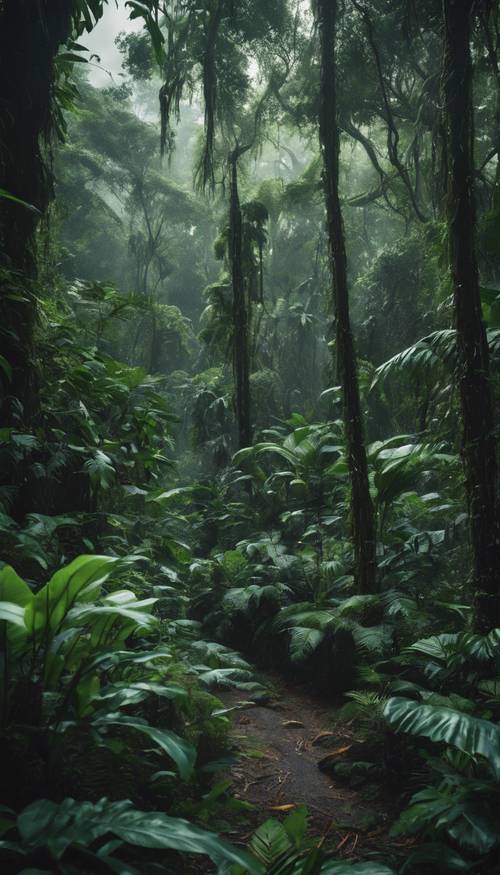 A wide-angle view of a dark green, dense and thriving rainforest during the rainy season.
