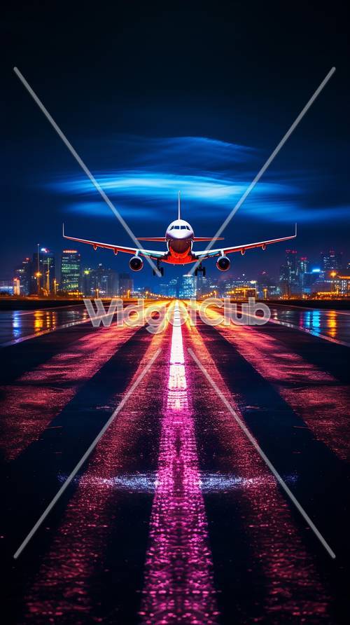 Flugzeug landet nachts mit Lichtern der Stadt im Hintergrund