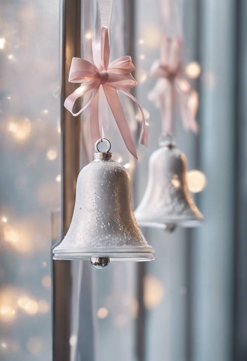 Cloches de Noël blanches avec des rubans pastel suspendus à une fenêtre givrée.