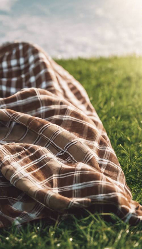 Close-up of a brown and white plaid picnic blanket spread out on green grass. Kertas dinding [52694dd635644ded92d6]