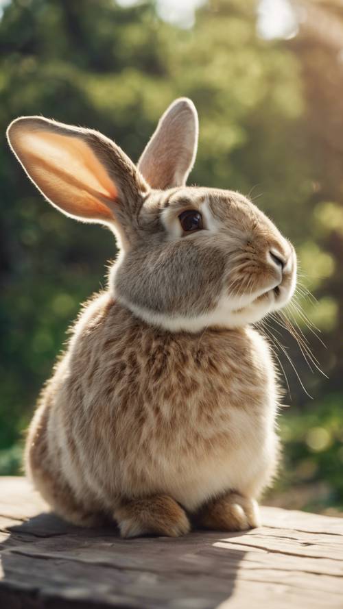 Ein dickes Kaninchen liegt träge auf der Seite und genießt die Sommerhitze.