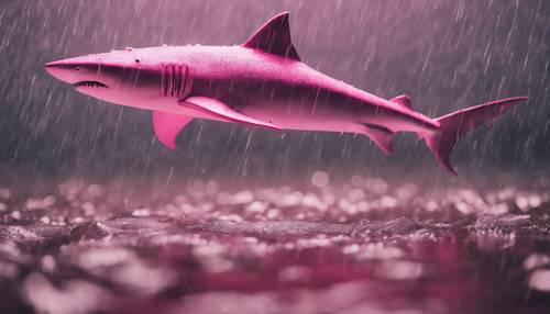 A dramatic scene of a pink shark hunting during a storm.