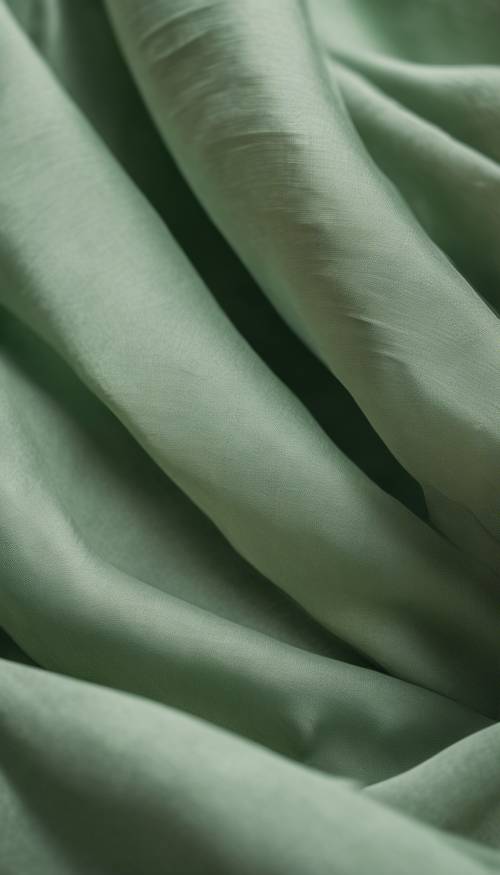 Un primer plano de una tela verde salvia arrugada de forma abstracta.