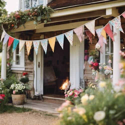 Hand-sewn, colorful bunting strung up at the entrance of a charming, cottagecore farmhouse, announcing a celebration. Ფონი [19bbbef3644347c994be]