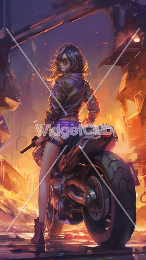 Cool Motorcycle Girl in a Futuristic City Art