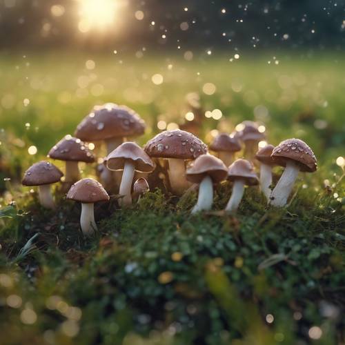 Sekelompok jamur lucu membentuk cincin peri di padang rumput berembun saat fajar, menambah sentuhan keindahan yang nyata.