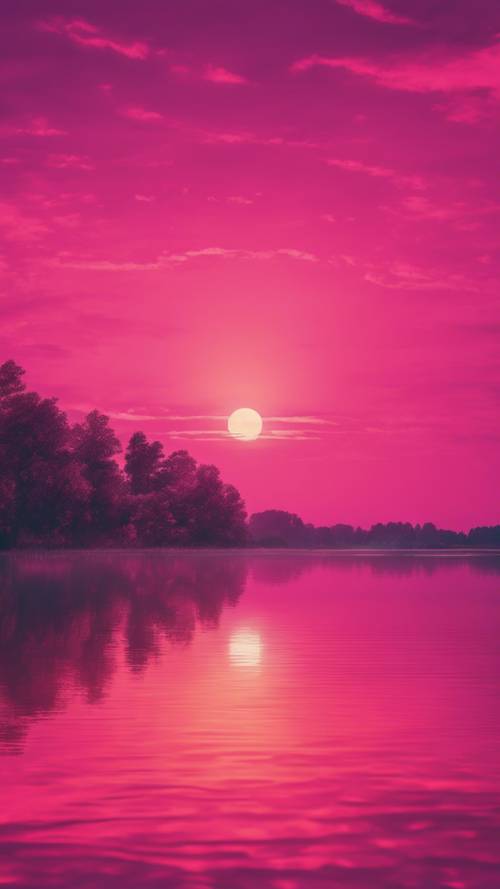 A vivid hot pink sunset over a serene lake.