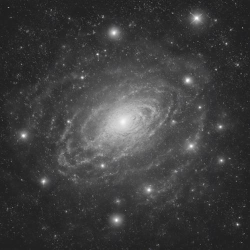 Représentation en niveaux de gris d&#39;une galaxie avec une étoile grise hésitante en son centre.