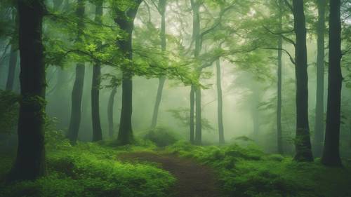 Żywy zielony las, któremu mistyczny wygląd nadano gęstej mgle wiszącej w powietrzu.