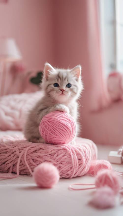 Güzelce dekore edilmiş bebek pembesi yatak odasında pastel pembe iplik topuyla oynayan kabarık pembe bir kedi yavrusu.