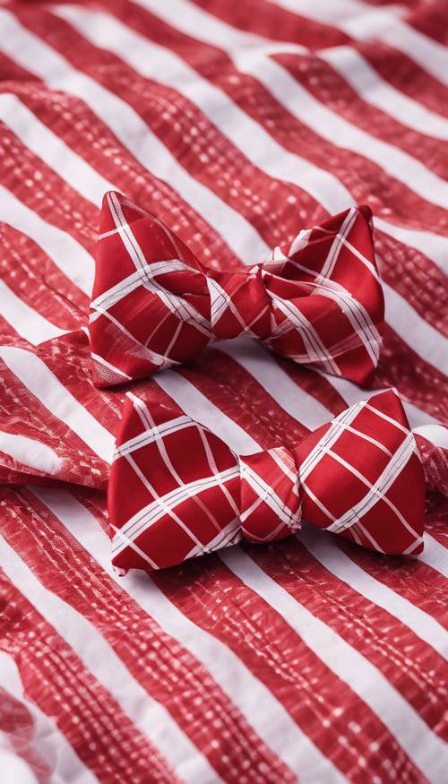 A red and white plaid bow tie and matching pocket square set on a bright background. Tapetai [278ee8a4b8d54f5fa0dc]