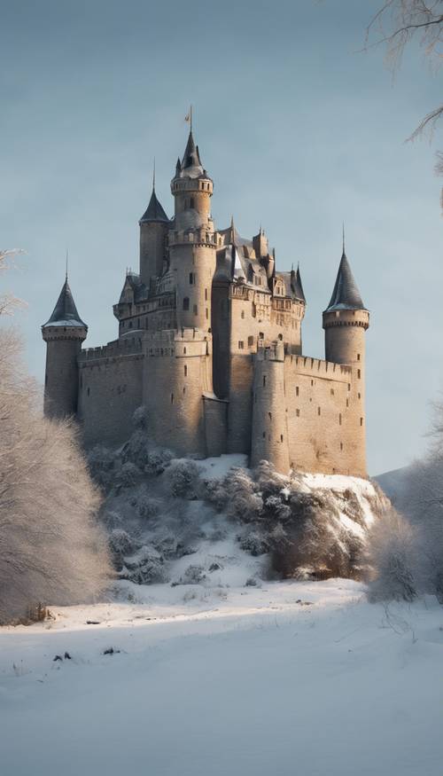 Крепкий замок среди заснеженного ландшафта.