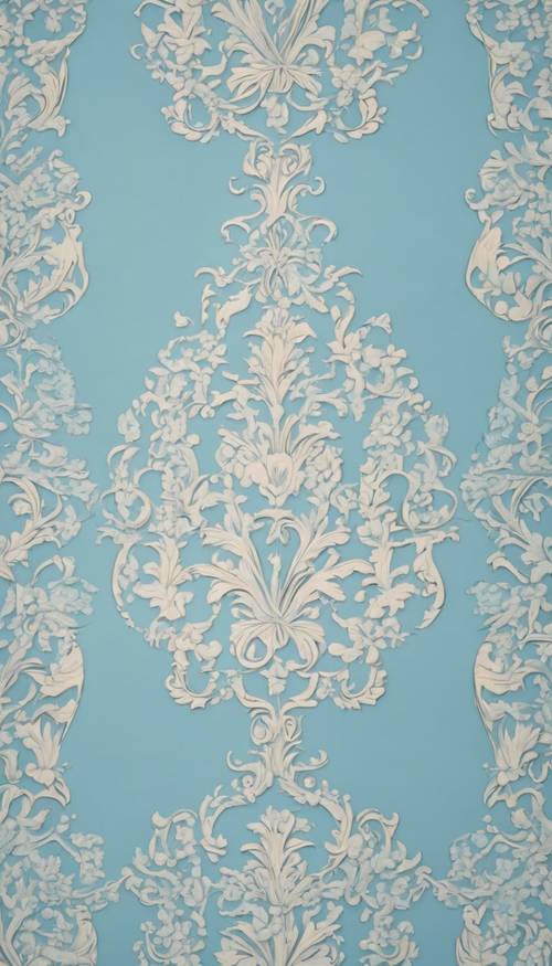 Desain kompleks damask biru muda dalam gaya Victoria yang elegan.