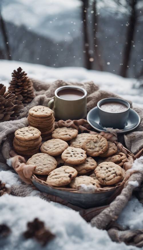 Un pique-nique hivernal avec des couvertures chaudes, du chocolat chaud et des biscuits fraîchement cuits sur une colline enneigée.