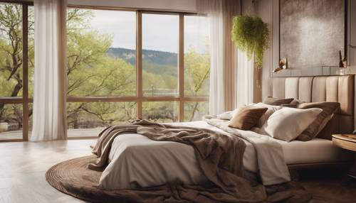 A luxuriously designed bedroom for a Taurus, with earth-tone colors, plushy pillows, comfortable fabrics, and a wide window displaying a luscious spring view.