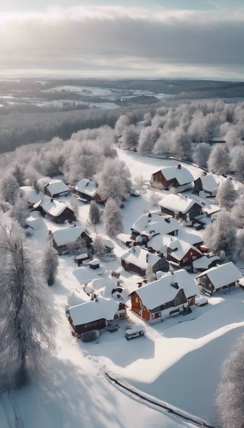 Küçük, ilginç evlerle süslenmiş, karla kaplı sessiz bir kırsal bölgenin havadan görünümü.
