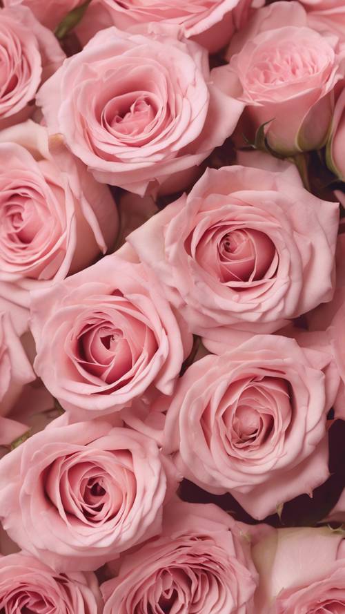 An aesthetic flat lay of pink roses on a pastel pink background.