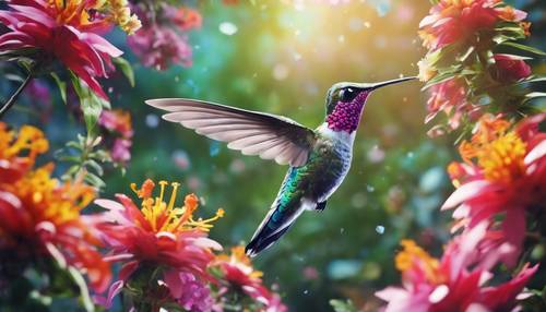 A brightly colored mural of a hummingbird gathering nectar from a rainforest full of blooming flowers.
