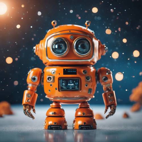 Robot oranye dengan mata kawaii, melayang di luar angkasa.