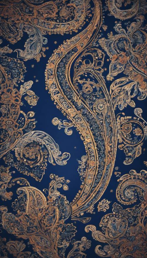 Vintage paisley pattern on a deep, nocturnal blue background, appearing like a carpet from a Persian tale.